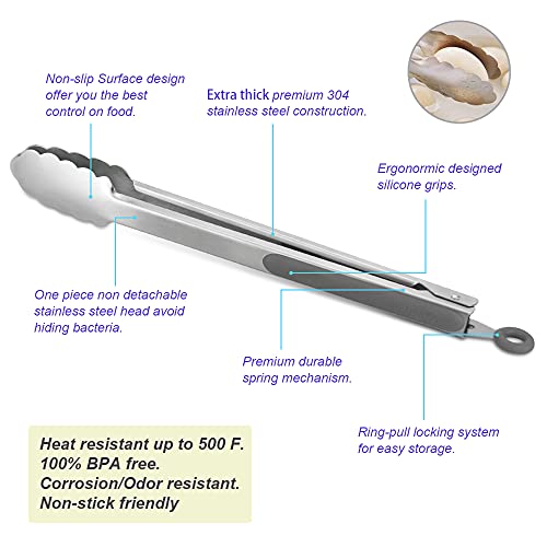 Premium 304 Stainless Steel Tongs Set (9" & 12" / Gray)