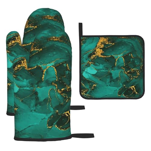 Turquoise Marble Oven Mitts and Pot Holders Sets of 3 Kitchen Decor (Green Marble)