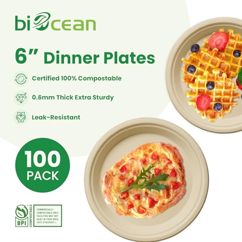 6 Inch Compostable Plates 100 Pack Heavy Duty Compostable Paper Plate (6In100PCNatural)