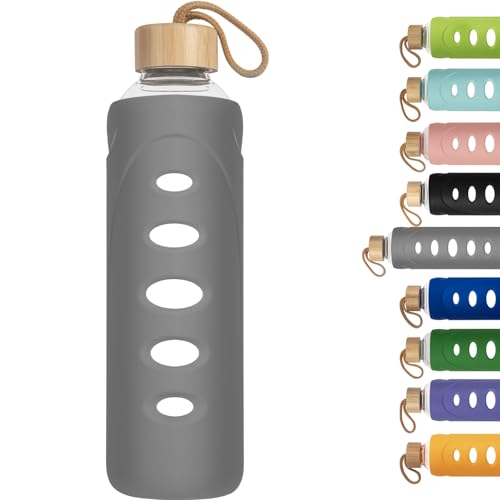 32 oz Narrow Mouth Glass Water Bottle with Windowed Silicone Sleeve (Grey)