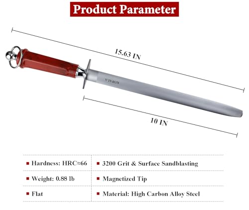Sharpening Steel Knife Sharpener Rod Flat 10 IN Honing Steel for Knife (Flat 10 inches Red)