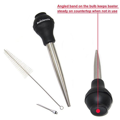 Stainless Steel Turkey Baster Commercial Grade Quality Silicone Bulb Including 2 Marinade Injector Needles And Basting Brush (4 Count)