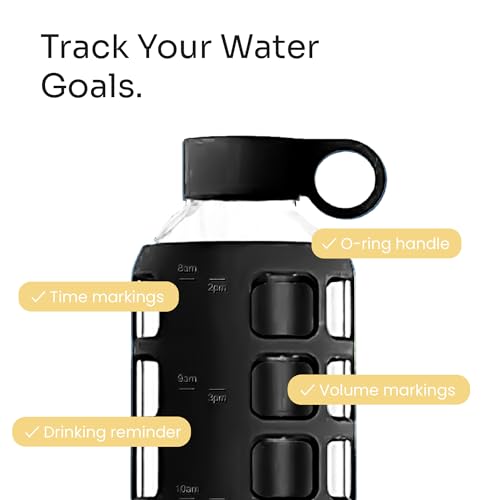 40oz / 32oz / 22oz / 12oz Borosilicate Glass Water Bottle with Time & Volume Markers, Silicone Sleeve, Stainless Steel Lid | Reusable Glass Bottle for Water & Juice (32oz Jet Black) (Jet Black (1 Count) / 32 Ounces)