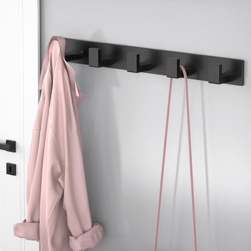 Stainless Steel Wall Coat Rack (Black / 5 "L" Hooks, 2PACK)