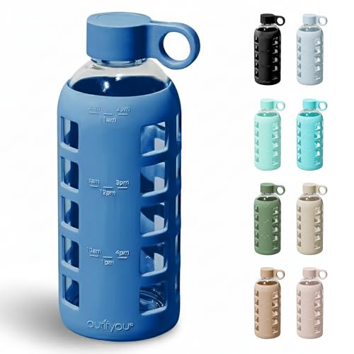 40oz / 32oz / 22oz / 12oz Borosilicate Glass Water Bottle with Time & Volume Markers, Silicone Sleeve, Stainless Steel Lid | Reusable Glass Bottle for Water & Juice (22oz Chinese Porcelain) (Chinese Porcelain (1 Count) / 22 Ounces)