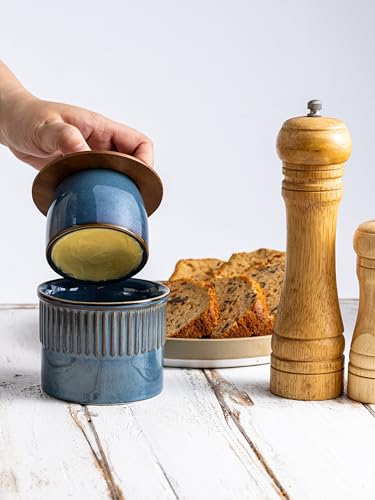 Ceramic Butter Dish with Lid (Blue / Stripe-3.94"dia)