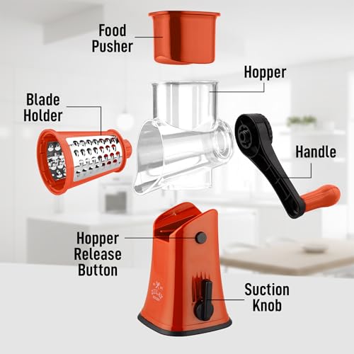 Rotary Cheese Grater Manual Hand Crank 5 Blade Shredder (5 Blades / Orange & Black)