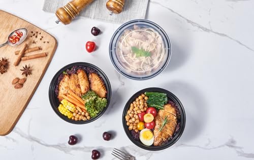 32 oz 150 ct Round Meal Prep Containers with Lids Plastic Food Storage Lunch Plan To Go Box Disposable Take Out Bowls Black BPA Free Reusable Durable Stackable Microwave Freezer Dishwasher Safe (32R-150)