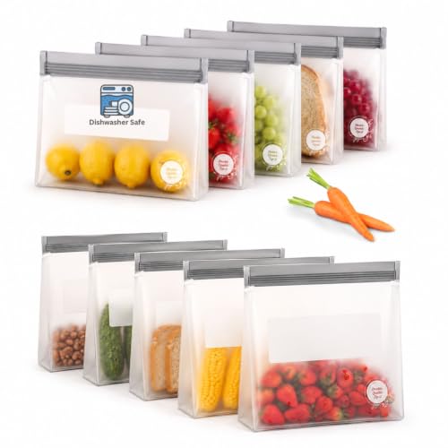 Reusable Food Storage Bags (10 Pack of 5 Gallon, 5 Large Bags (Grey))