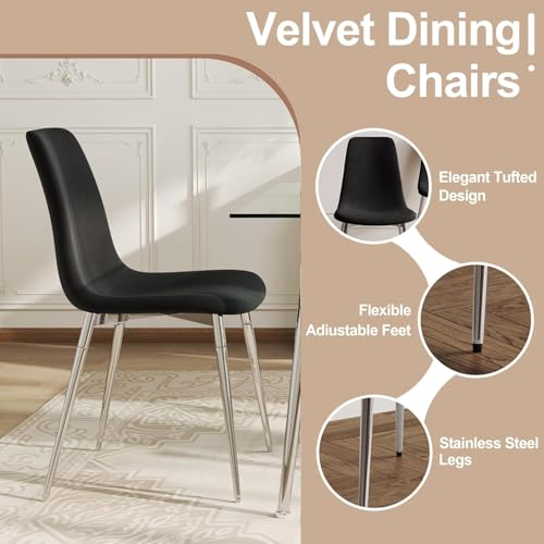 36” Square Glass Dining Table Set for 4 (Black Square Table/Black Velvet Chairs / 5 Pieces)