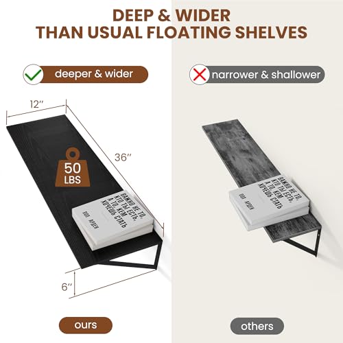 36W x 12D Deep Floating Shelves Set of 2 Black (Black With Black Metal Bracket / 36wx12dx5.8h)
