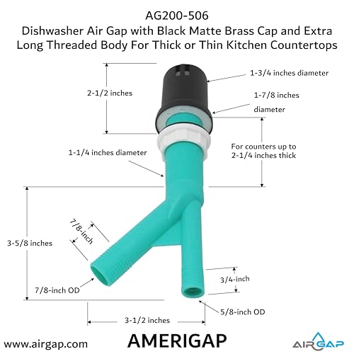 Dishwasher Air Gap with Skirted Black Matte Brass Cap and Extra Long Threaded Body for Thick or Thin Kitchen Countertops (AG200-506)