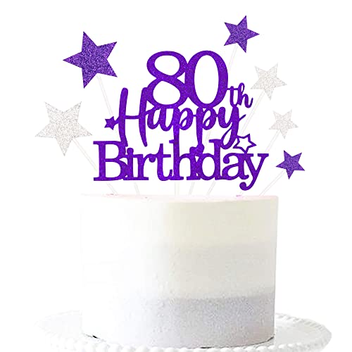 Purple Silver 80th Birthday Cake Topper with Glittery Stars (7 Count)