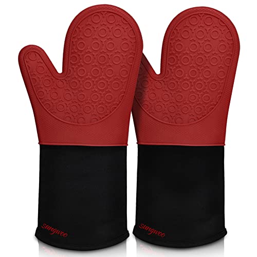 Silicone Oven Mitts (Red & Black / 14.6in Oven Mitts)