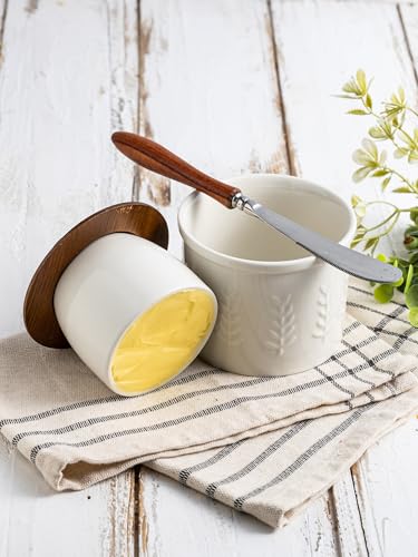 Butter Crock Ceramic Butter Dish with Lid for Countertop (White / Leaf-3.94"dia)