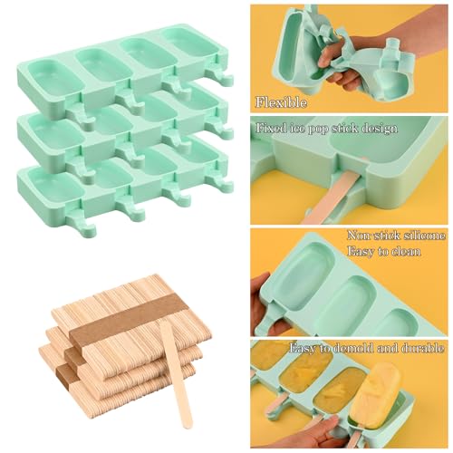 Large Oval 4 Cavities Silicone Popsicle Molds (3 Pcs Large - Green)
