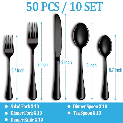 50 Pcs Black Silverware Set (Black)