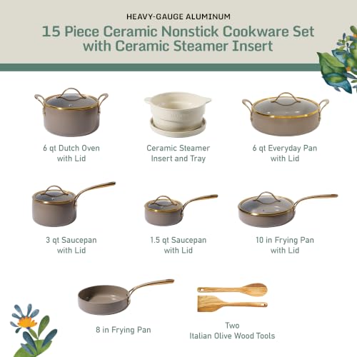 15 Piece Ceramic Nonstick Cookware Set (Cappuccino Cream w/ Gold Handle / 15-Piece Cookware Set)