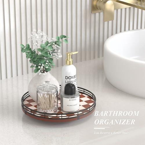 10 Inch Brown Checkerboard Lazy Susan Organizer with Black Metal Rail (Brown & White / 10 inches)