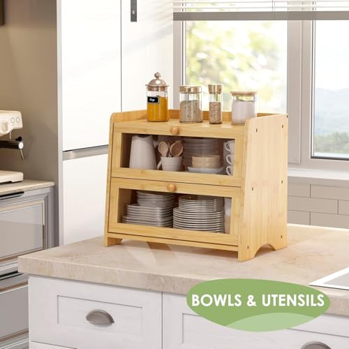 Double Layer Bread Box Container for Kitchen Countertop Homemade Bread (Natural Bamboo / 2 Tier-Large)