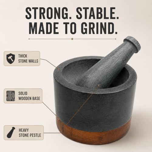 Mortar and Pestle (Matte Stone with Wooden Base)
