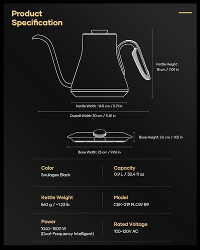 FLOW B9 Gooseneck Electric Kettle ±1°F Temperature Control (Soulages Black)