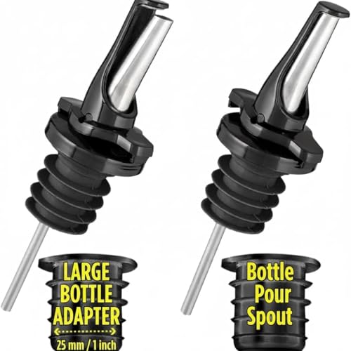 3-in-1 Liquor Pour Spout | Olive Oil Spout with Built-in Caps for Optimal Fly and Dust Protection - Dishwasher Safe, Hygienic Alcohol Speed Spouts - Black 2 PCs with 2 Adapters for Large Neck Bottles (Black2pk + 2 Adapters)