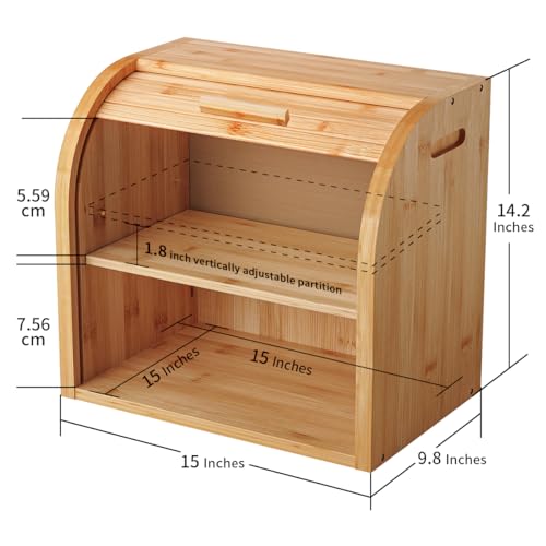2 Layer Bamboo Bread Box for Kitchen Organizer (Bamboo / Large)