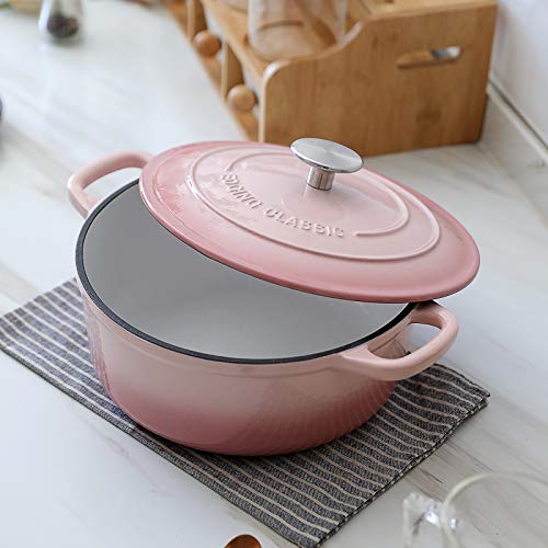 Enameled Cast Iron Covered Dutch Oven with Lid Round Pot for Bread Baking (Pink / 7QT)