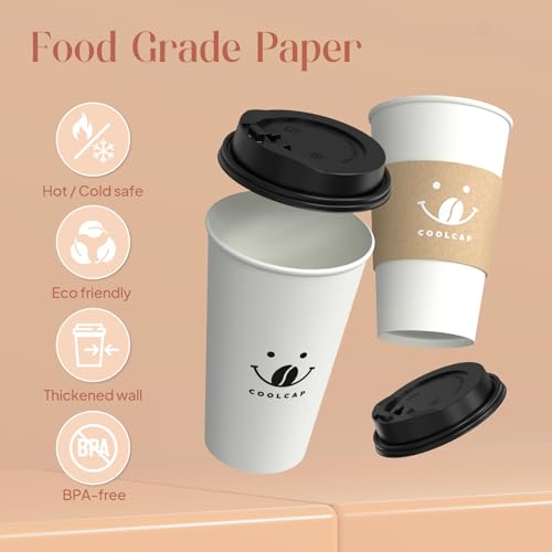 Coffee Cups with Lids and Sleeves (White-100packs / 16 oz)