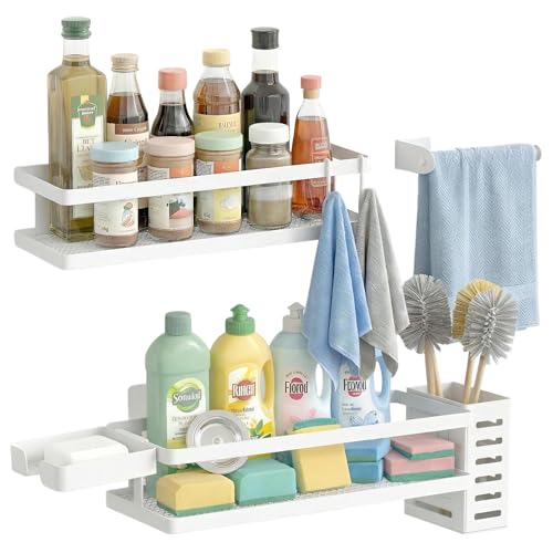 5-in-1 Shower Caddy & Kitchen Organizer Set, Wall Mount Wide Spice Rack with Paper Towel Holder, Utensil Holder, Soap Dish, Rustproof Mesh Baskets Hold 50LBS - White, Guardrail (White / 5-in-1 Minimalist (12.6" Wide))