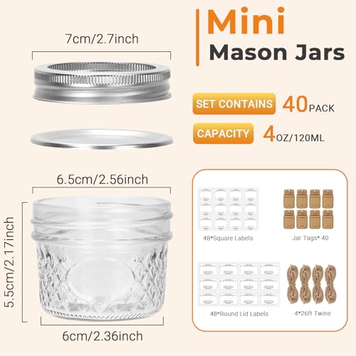 40 Pack 4 oz Glass Mason Jars (40 Count)
