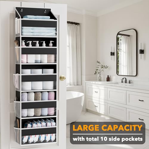 1 Pack Over The Door Organizer with 5 Large Pockets and 10 Mesh Side Pockets (1 Pack / Black)