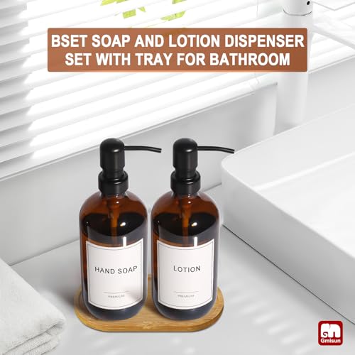 Amber Glass Soap Dispenser (Amber Bottle + Black Pump + Bamboo Tray / 2 Pack + Tray)