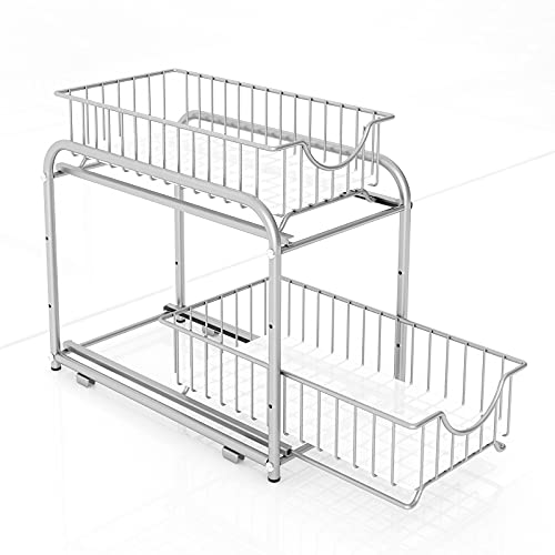 2 Tier Pull Out Organizer Under Sink Sliding Cabinet Rack (Silver)