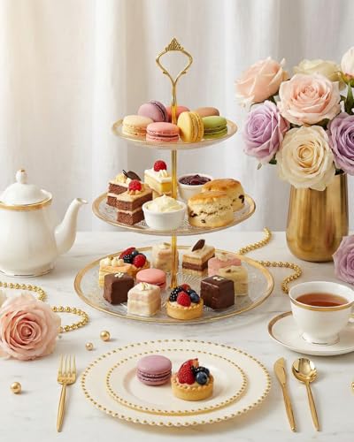 180Pcs Elegant Ivory Gold Plastic Dinnerware Set for Wedding (Ivory and Gold Plastic Dinnerware Set / 180PCS)