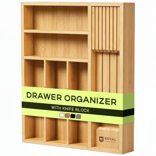 Drawer Organizer with Knife Block for Kitchen Organization (Natural / 6 Slot)