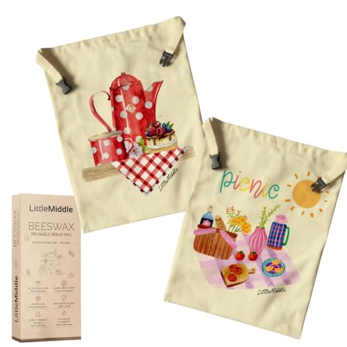 2 XL Beeswax Bread Bags for Homemade Bread (Beige with Picnic)