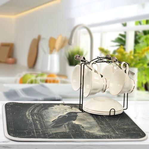 Halloween Crows Dish Drying Mat for Kitchen Counter Absorbent Microfiber Large Drying Pad Dish mats for Kitchen Countertops 18 x 24 Inch (Halloween Crows / 24" x 18")