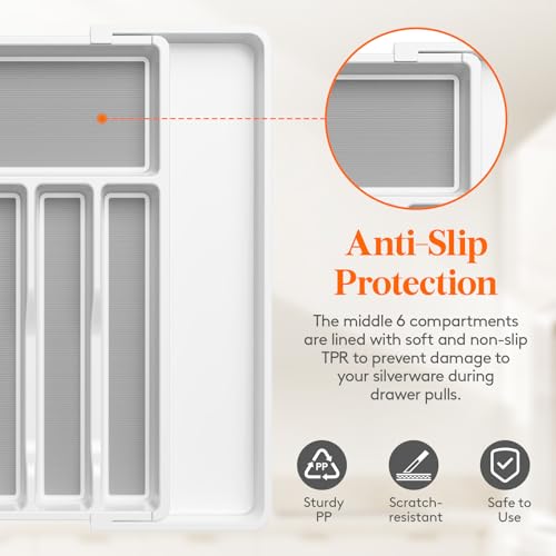Extra Large Silverware Drawer Organizer (White&Gray / XL Deep (13-22''W x 16.7''D))