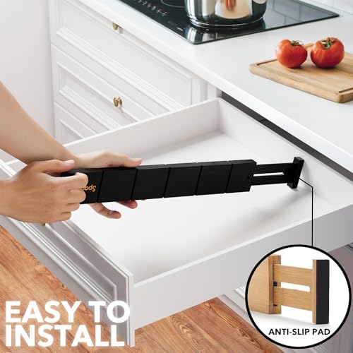 Bamboo Drawer Dividers with Inserts and Labels (2.35''H, 17''-22''L, 7 Dividers / BLACK)