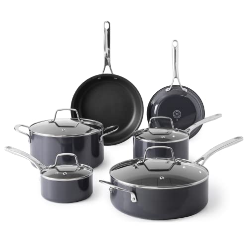 Lockton Premium Nonstick 10 Piece Enamel Heavy Gauge Aluminum Pots and Pans Cookware Set (Gray / 10-Piece Set)