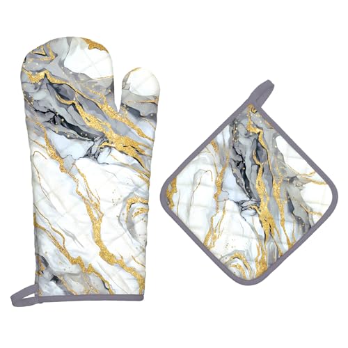 White Gold Marble Oven Mitts and Pot Holders Sets 2Pcs (Marble / Oven Mitt x1 & Pot Holder x1)