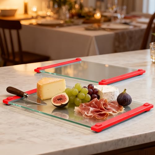 2PCS Glass Cutting Board with Silicone Grip (Red)