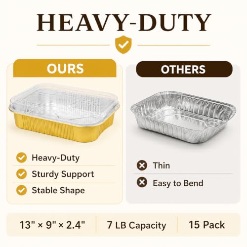 15 Pack Aluminum Pans with Lids Half Size 9x13 Extra Heavy Duty (15 Count)