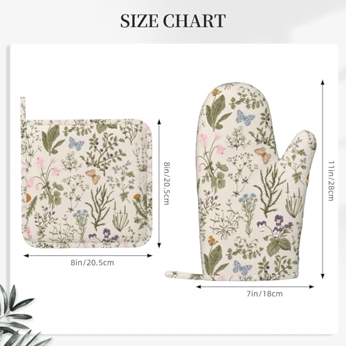 Vintage Wildflower Herbs Floral Rustic Butterfly Oven Mitts and Pot Holders Sets Silicone Kitchen Mitts Potholders Heat Resistant 4Pcs Oven Gloves Hot Pads for Kitchen Baking Cooking (Vintage Wildflower)