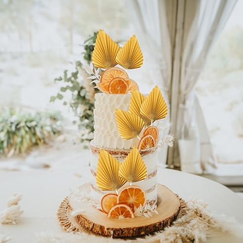 6Pcs Paper Palm Fan Cake Toppers Palm Leaf Fan Cake Topper Palm Spear Leaf Cupcake Toppers Cake Insert Decoration For Cake Decorating Diy Craft Project Home Wedding Party Supplies Gold (Gold)