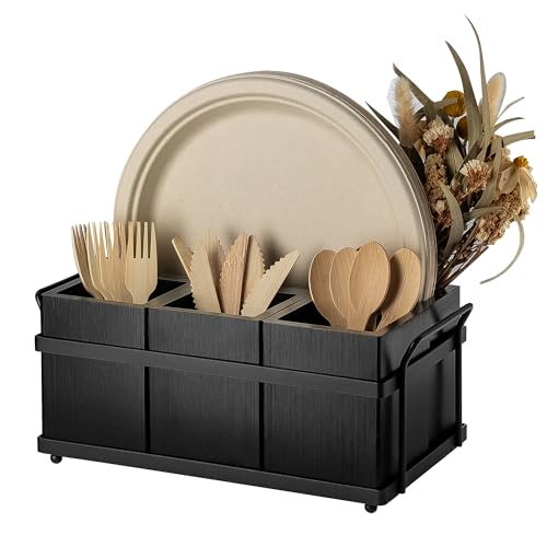 Silverware Caddy Black Wood Silverware Holder Paper Plate Dispenser