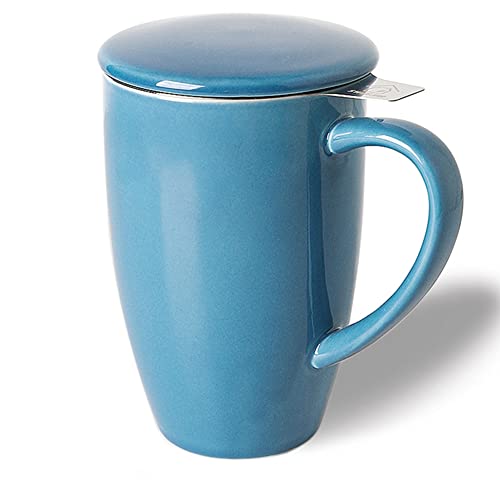 Sweejar Porcelain Tea Infuser Mug with Lid (Fog blue / Tea Cup(16 Fl Oz))