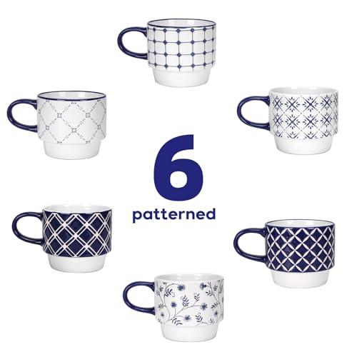 12 OZ Stackable Ceramic Coffee Mugs set of 6 (12 OZ / Blue Coffee Mugs)